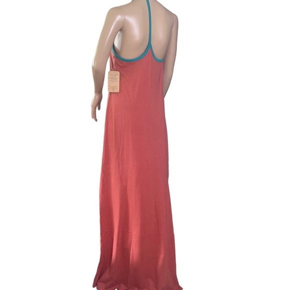 Threads 4 Thought T-Back Halter Maxi Dress Rusty Pink w Turquoise Trim MED - Picture 6 of 15